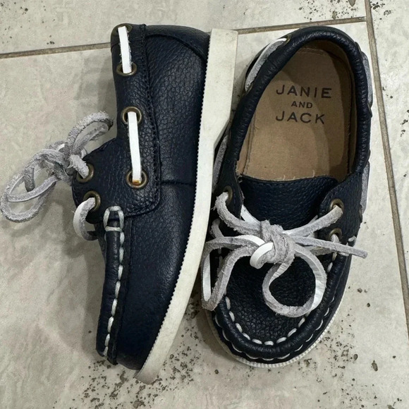 Janie and Jack Navy Blue Leather Baby Boat Shoes - Picture 2 of 7